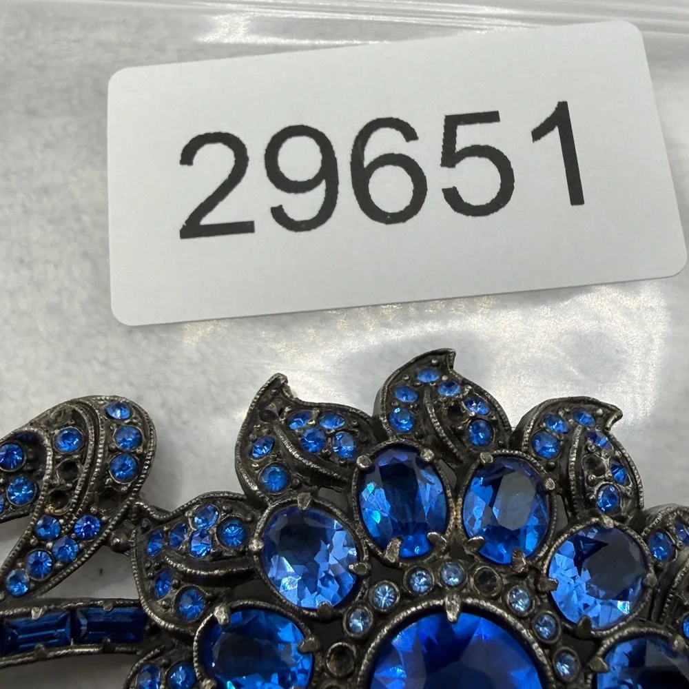 Vintage Pot Metal Brooch Blue Rhinestone Sunflower Brooch Floral  Large